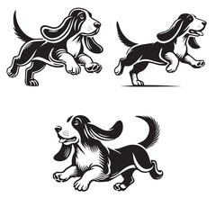 3 Set of Black Running Basset Hound Silhouettes Isolated on White Background