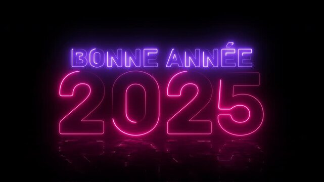 Bonne annee 2025. Happy New Year 2025 greeting. Bright pink and purple neon glowing numbers. Text in French with floor reflection. Cosmic vibrant colours. Horizontal moving lines. Black background.