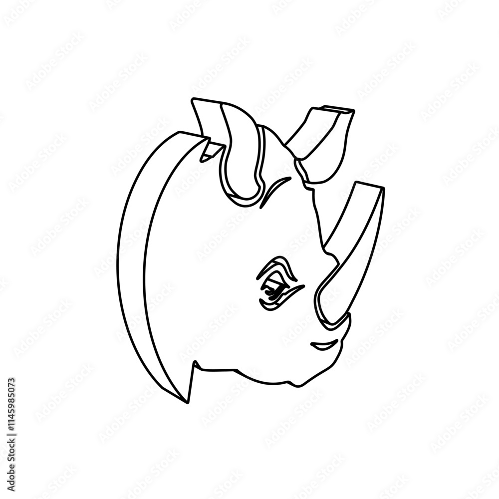 Aufkleber the outline of a large rhino head logo is made with black lines. 3d view of the object in perspectiv