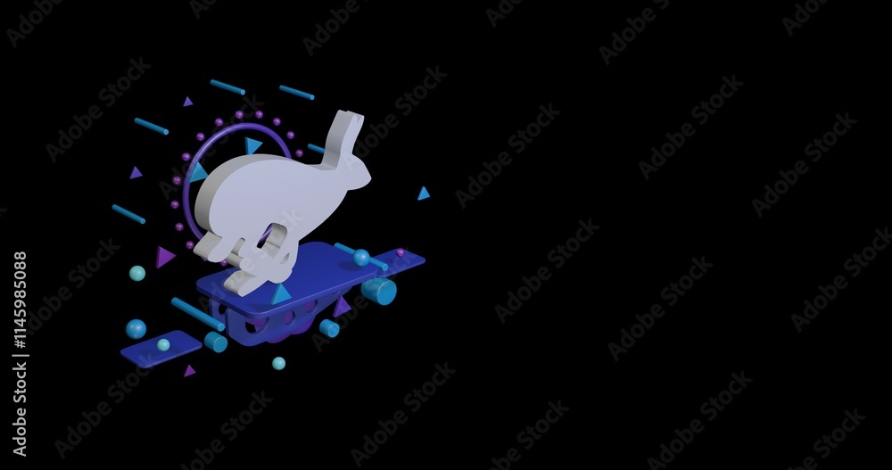 Poster white hare runs symbol on a pedestal of abstract geometric shapes floating in the air. abstract conc