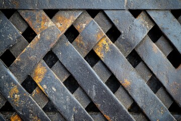 A close-up view of a rusted metal lattice creates a tableau of pattern and texture, offering an industrial aesthetic, ideal for those intrigued by abstract compositions.