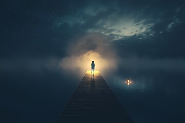 Mysterious figure walking on pier enigmatic night scene digital artwork serene atmosphere