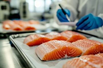 In a pristine laboratory, workers meticulously check the freshness and quality of raw salmon fillets, preparing them for sale and ensuring top standard compliance.