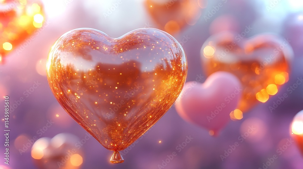 Aufkleber shiny golden heart balloons floating in a dreamy environment with a soft bokeh effect