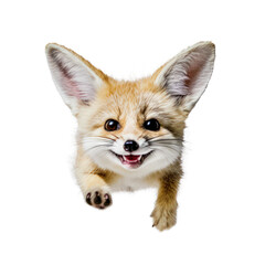 portrait cute funny fennec fox, wild animal, jumps towards the camera, fluffy pet, isolated	