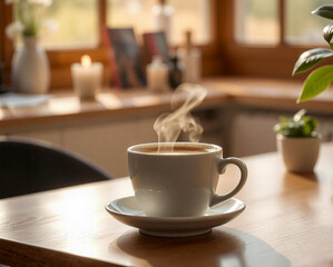 Fototapeta premium Cappuccino coffee in the white cup on the wooden table. Close-up.