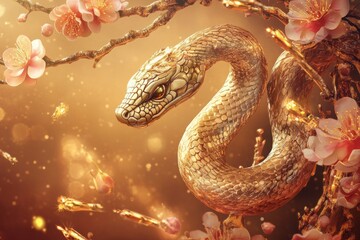 Obraz premium Golden snake coiled around blossoming branches, surrounded by golden bokeh lights and falling petals.