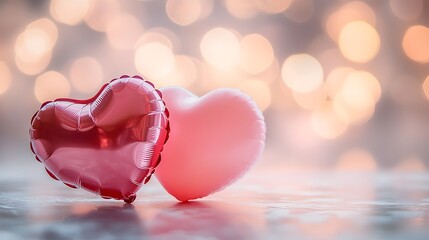 Fototapeta premium Elegant heart-shaped balloons in pink and red hues resting on a table, softly blurred glowing heart bokeh in the pastel pink and white background, warm natural lighting, romantic and dreamy ambiance,