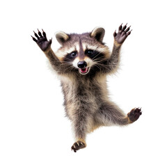 portrait cute funny raccoon, wild animal, jumps towards the camera, fluffy pet, isolated	