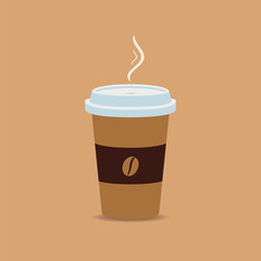 A minimalist illustration of a hot coffee cup with a lid and a coffee bean logo on a brown sleeve. The cup emits steam, set against a simple background, perfect for coffee-related designs.