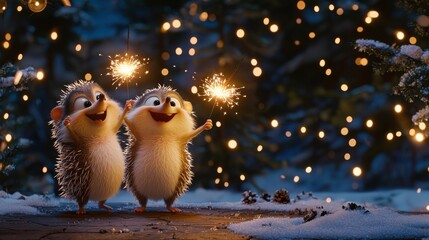 Cheering cartoon hedgehogs lighting sparklers in a festive forest setting celebratory animation joyful environment whimsical viewpoint for holiday cheer