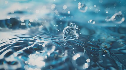 Transparent water molecules floating in fluid medium, highlighting h2o chemistry with focus on one molecule in a 3d abstract scientific rendering