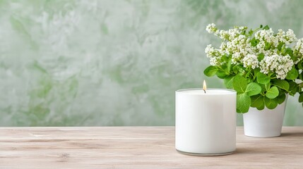 Lit white candle & white flowers on wood.