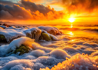 Fototapeta premium Breathtaking sunset over ocean, with vibrant orange and yellow hues reflecting on water. Waves gently crash against shore, creating serene atmosphere