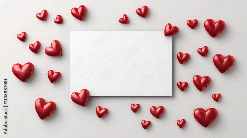 Poster numerous glossy red hearts are scattered around a blank card on a light surface. this arrangement of