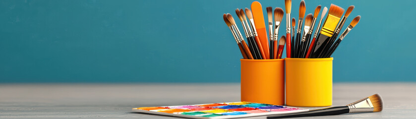 Fototapeta premium Art supplies arranged on desk, featuring paintbrushes in vibrant containers and colorful palette
