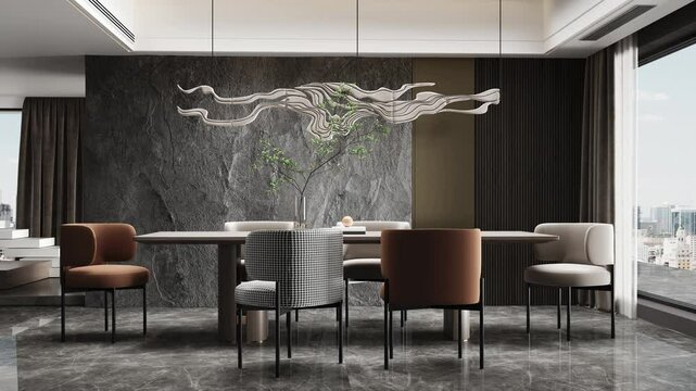 3d Render of a classical - modern dinning room with stone walls, table and chairs.