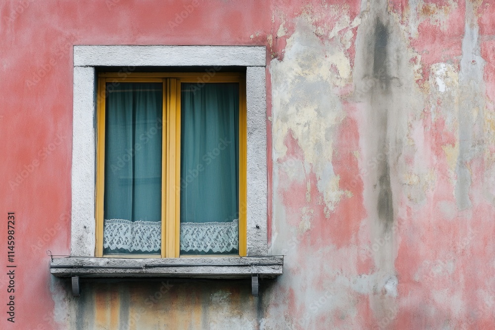 Poster a pink building with an open window, great for interior design or architecture use