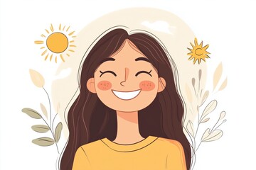 Young woman expressing happiness with smiling face and sun icons