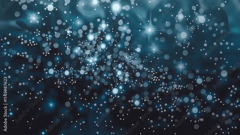 Poster midnight blue background with soft, luminous white points shimmering across the surface. the dots va