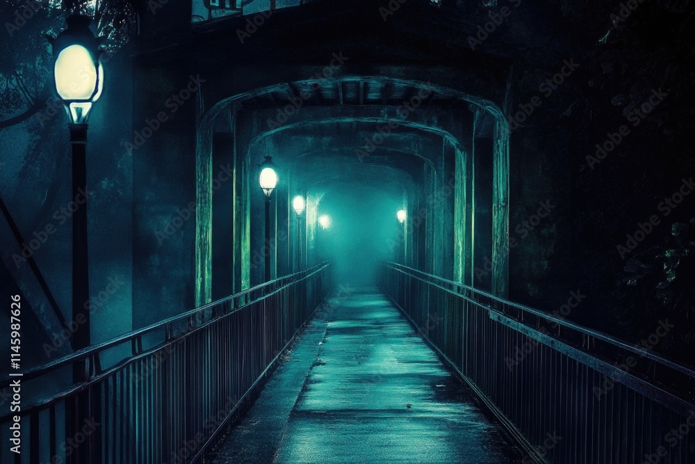 Poster a long bridge stretches out with a single light at the end, perfect for use in scenes requiring a se