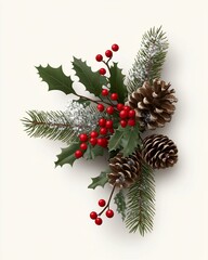 Festive arrangement of holly, pinecones, and berries for decoration.