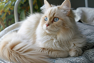 Obraz premium A fluffy Ragamuffin cat relaxing peacefully on a cozy bed with soft blankets during the day