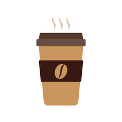 A steaming cup of coffee with a coffee bean logo on the sleeve. Perfect for representing coffee shops, morning routines, or a caffeine pick-me-up on the go.