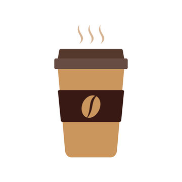 A steaming cup of coffee with a coffee bean logo on the sleeve. Perfect for representing coffee shops, morning routines, or a caffeine pick-me-up on the go.