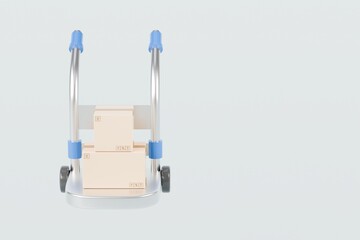 Obraz premium 3d Hand truck with cardboard or parcel box icon isolated on transparent background. Transport trolley. Cargo logistic delivery online service concept. 3d Minimal hand truck procurement icon. 3d render