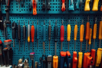 Colorful screwdrivers on display in a workshop tool organization industrial setting close-up view craftsmanship concept for diy enthusiasts