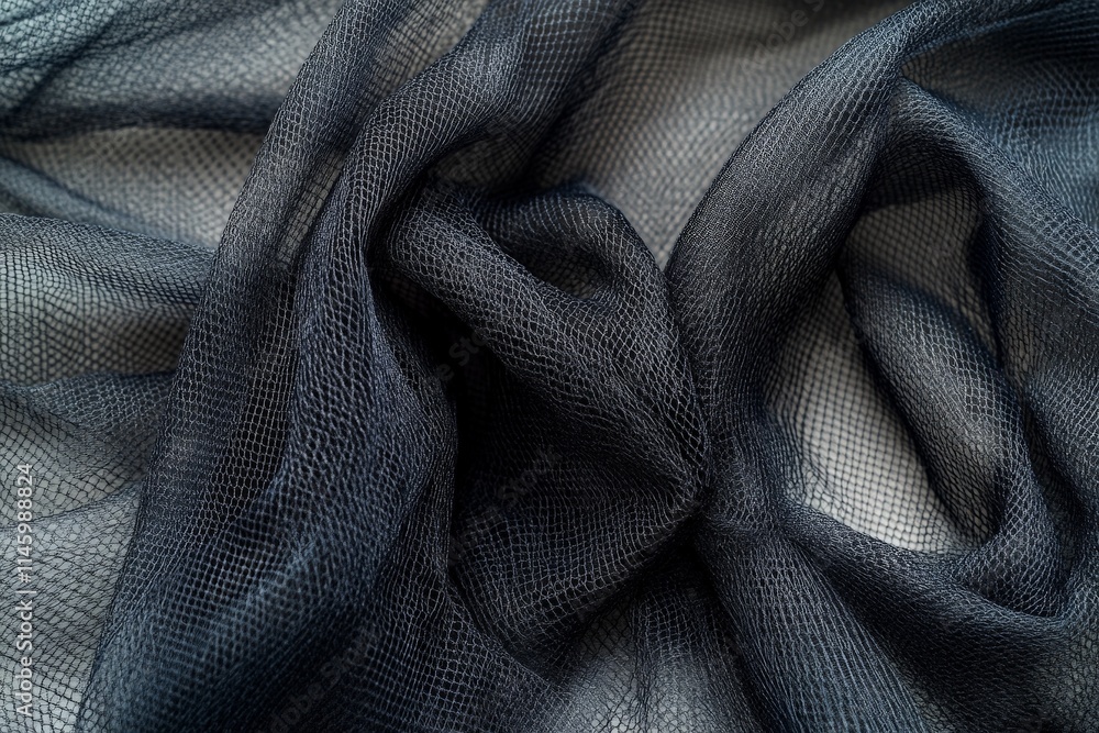Poster The image features a close-up of dark mesh fabric, creating fluid waves and contours that suggest movement and sophistication in its abstract texture.