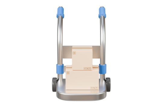 3d Hand truck with cardboard or parcel box icon isolated on transparent background. Transport trolley. Cargo logistic delivery online service concept. 3d Minimal hand truck procurement icon. 3d render