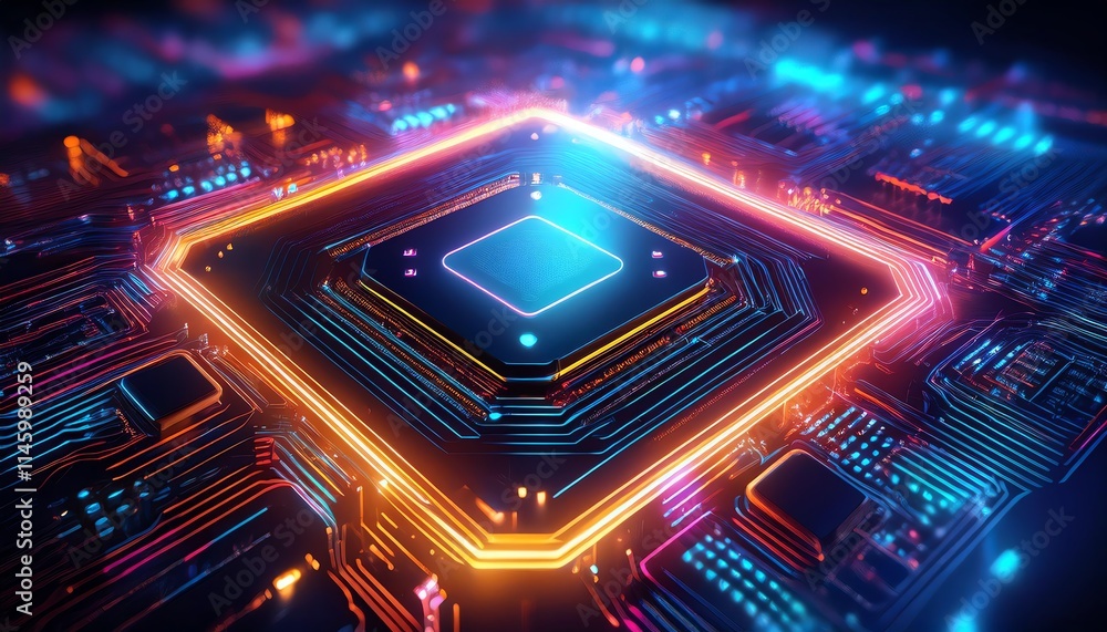 Poster a vibrant, futuristic microchip glows with colorful lights, showcasing intricate circuitry and advan