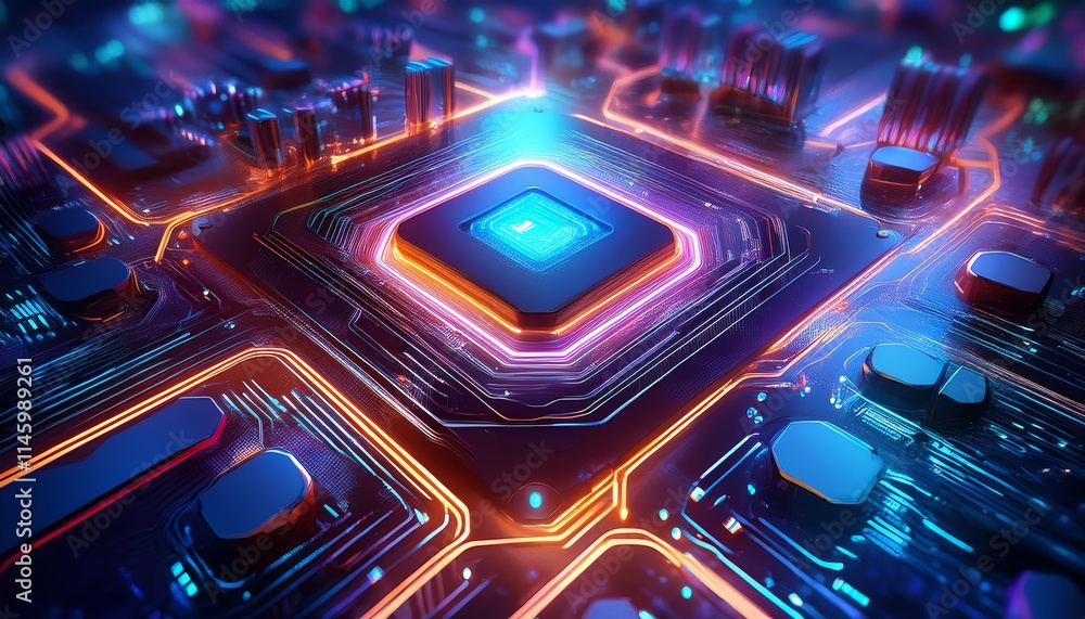 Poster a vibrant close-up of a microprocessor surrounded by glowing circuits, illustrating advanced technol