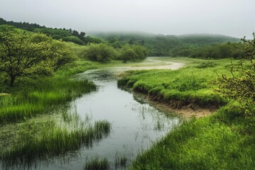 A serene natural scene with a river meandering through a lush green forest, perfect for use in environmental or travel related projects