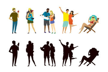 Set of various people tourists. Couples in love and singles with tickets, map and luggage. Collection of simple human characters and silhouettes isolated on white background.