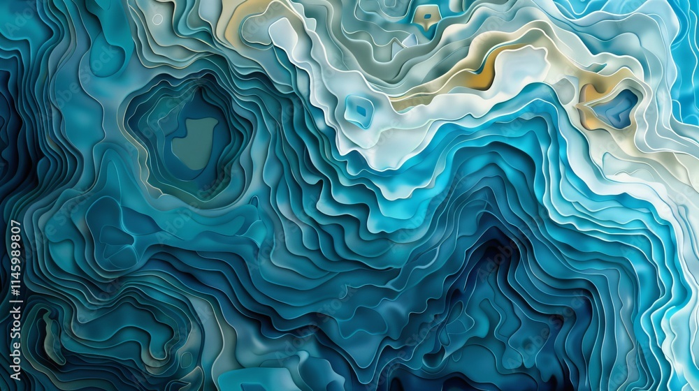 Poster ultra-wide abstract topographic contour map with blue gradient lines and detailed vector background 