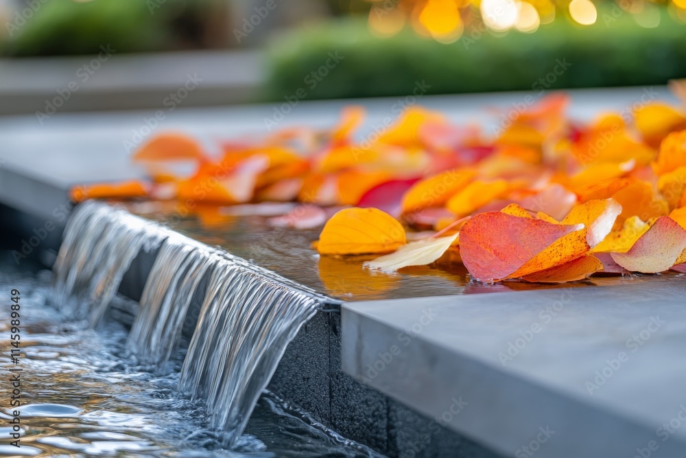 Poster a beautiful image portraying colorful autumn leaves delicately perched on the edge of flowing water,