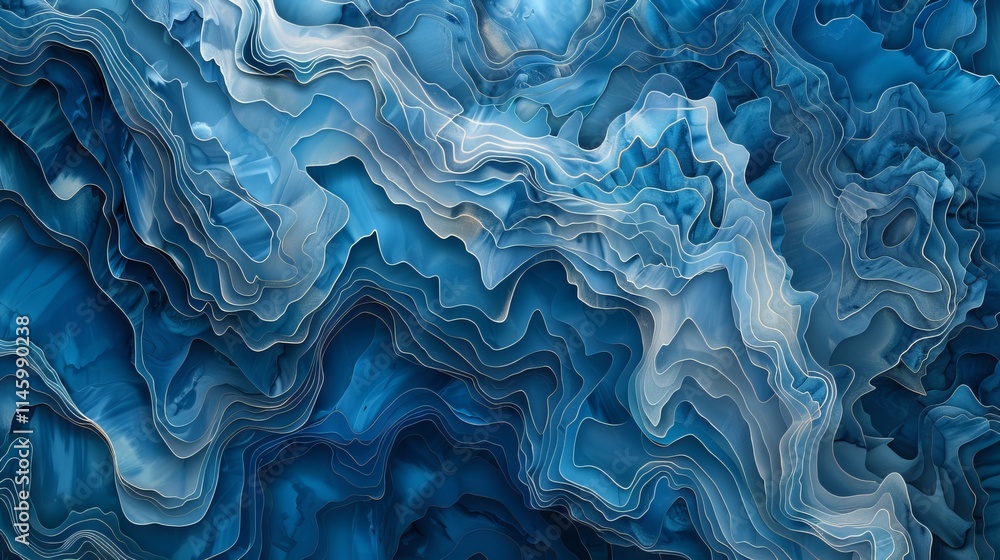 Poster ultra-wide abstract topographic contour map with blue gradient lines and detailed vector background 