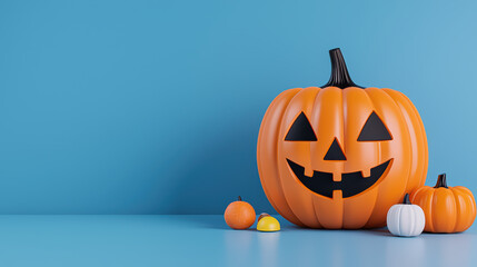 vibrant Halloween scene featuring large orange pumpkin with spooky face, accompanied by smaller pumpkins and decorative gourds, evokes festive joy