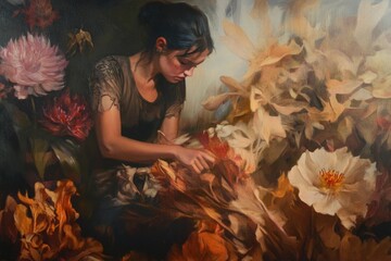 A woman carefully placing flowers in a decorative vase, often used for weddings, events or still life photography