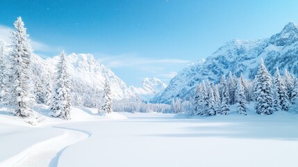 Obraz premium Serene winter landscape with snow-covered mountains and pine trees.