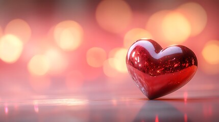 Obraz premium Minimalist scene of a shiny red ceramic heart placed delicately on a clean tabletop, softly glowing pink-to-red gradient filling the softly blurred background, cinematic lighting, hd clarity,