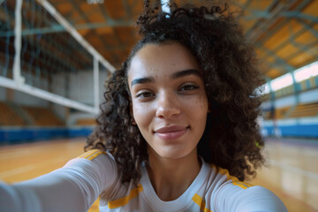 AI generated picture of smiling female blogger taking a selfie in gym