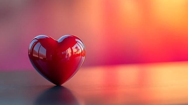 Minimalist table featuring a single red ceramic heart with a glossy finish, softly blurred romantic pink and red gradient backdrop, warm ambient lighting, hd focus, modern clean aesthetic,
