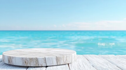Obraz premium White wooden round platform on beach, ocean background.