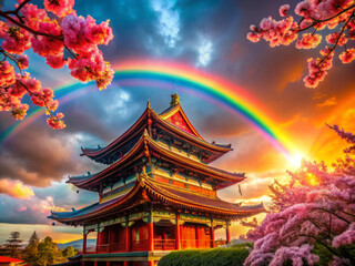 Obraz premium vibrant rainbow arcs over traditional pagoda surrounded by cherry blossoms, illuminated by stunning sunset. scene captures beauty of nature and architecture harmoniously