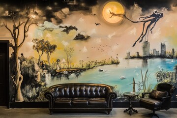 A comfortable living room with a sofa and artwork on the wall, perfect for relaxation or socializing