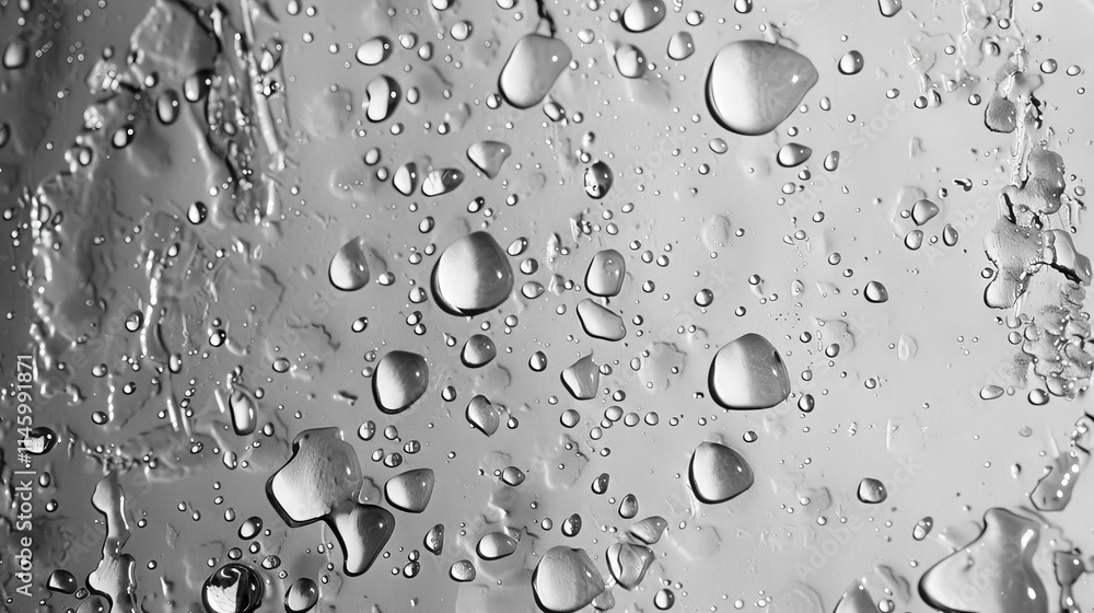 Poster close-up view of fresh water droplets forming patterns on a smooth gray surface, emphasizing texture